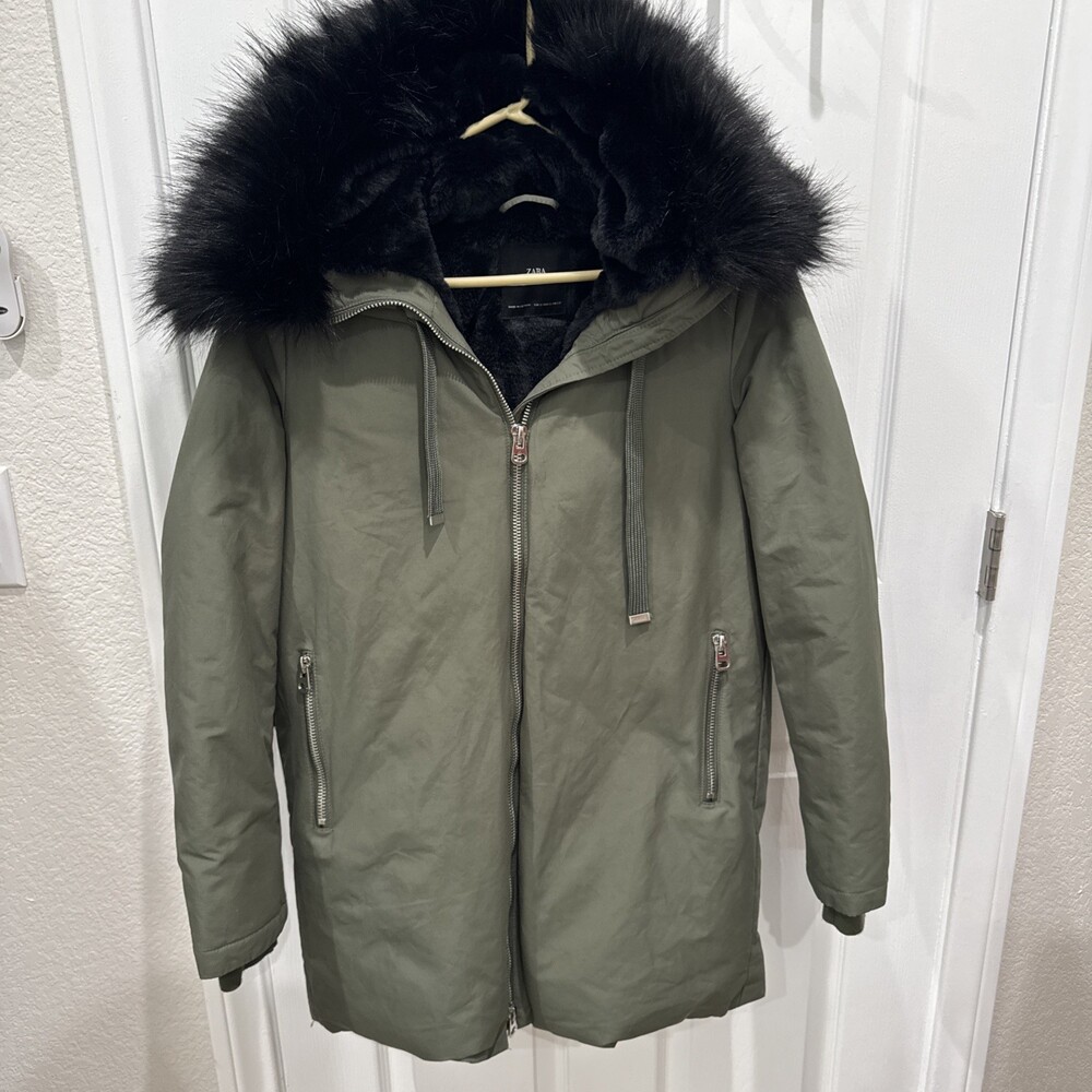 Zara Parka Faux Fur Hooded Long Winter Coat Lined Army Green Women’s Size Small